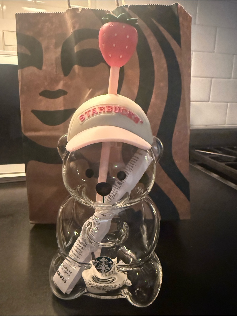 Starbucks Clear Bear Tumbler with Pink Strawberry Straw and Cap